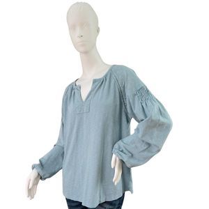 FRYE Smocked Long Sleeve Cotton Jersey Knit Top Stone Blue Size Large